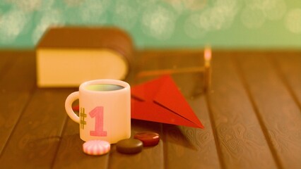 Father's Day coffee mug with candies and red paper airplane on a wooden table with a soft pastel bokeh background