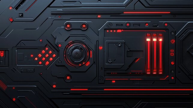 Futuristic, high-tech machinery in operation with red accents, creating abstract design elements for background use