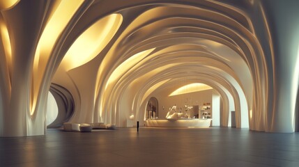 Modern lobby, futuristic design, warm light