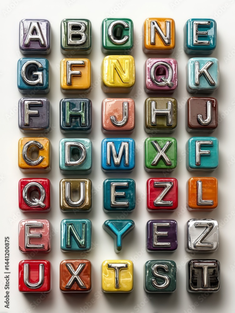 Poster colorful lettered blocks arranged in a grid format, showcasing the alphabet creatively.
