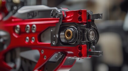 Red robotic arm detail, workshop background