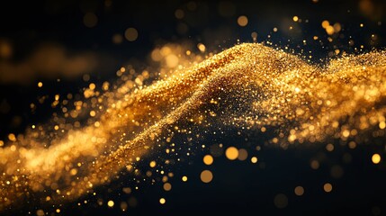 Abstract golden particles swirling in dark background.