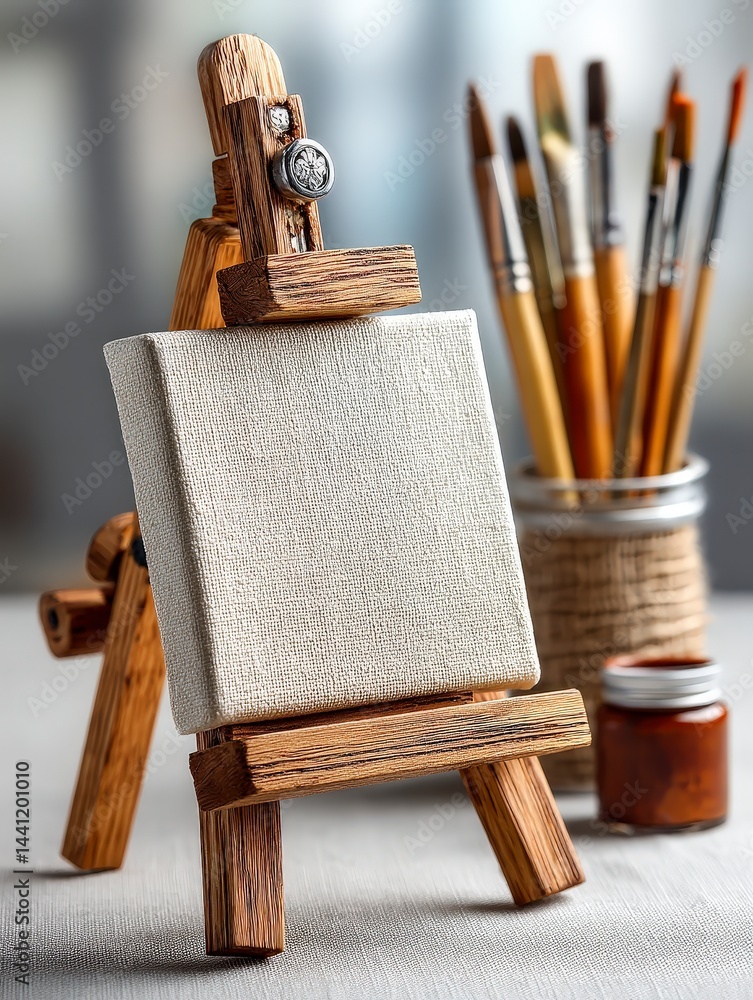 Poster blank easel with a canvas and paintbrushes in the background, ready for artistic creation.