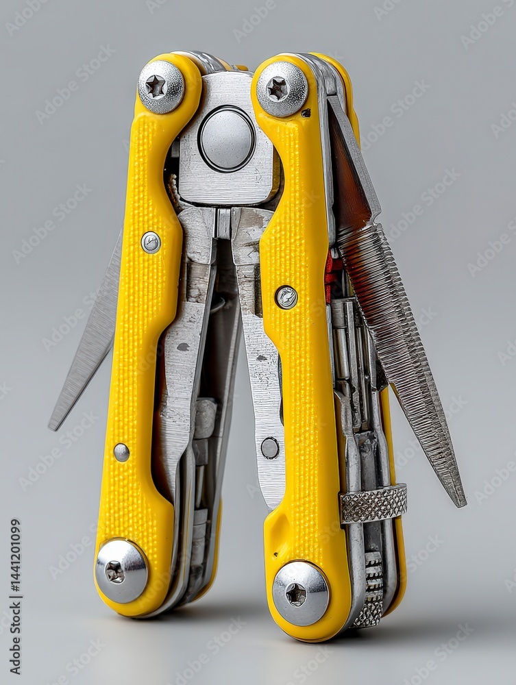 Poster multi-tool with yellow handles and various functions displayed in an open position.