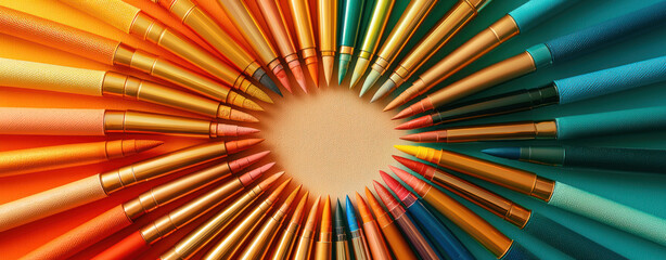 Obraz premium A makeup brushes arranged in radial pattern with vibrant orange, yellow, green, and blue handles, creating visually balanced and colorful display