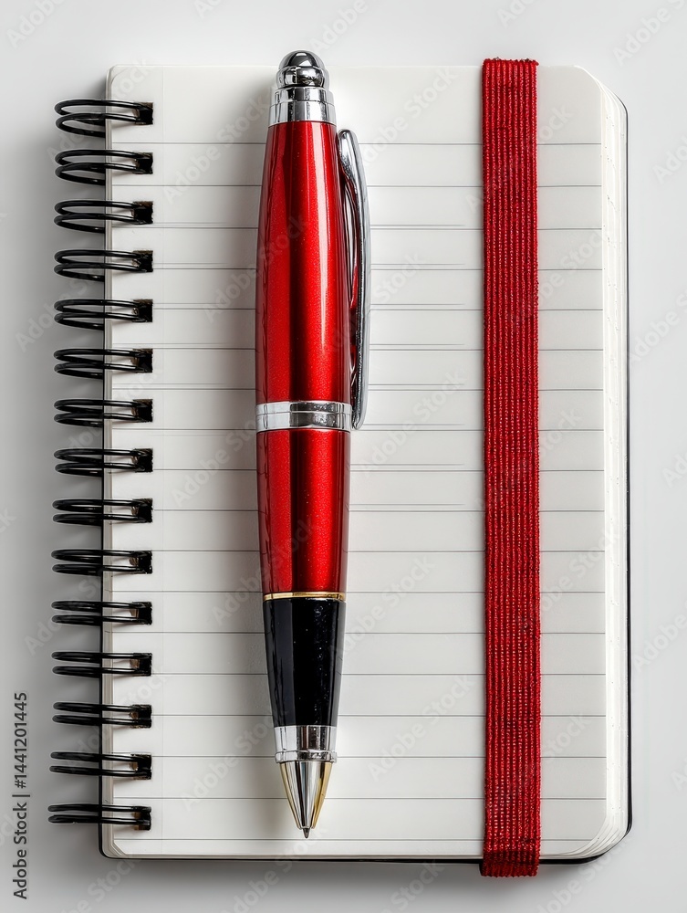 Poster notebook with a red pen resting on top, showcasing a clean, organized design.