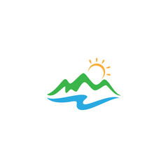 nature landscape logo mountain water and sun in flat design