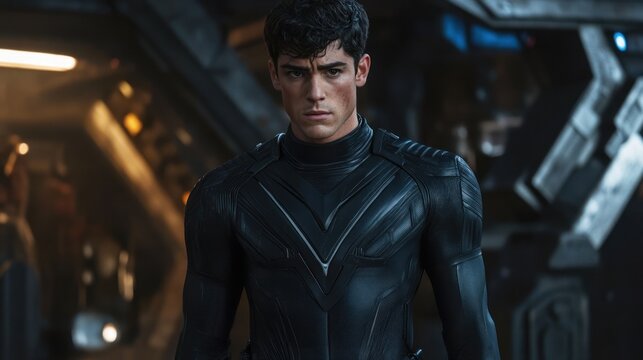 Determined male hero in futuristic attire standing inside spaceship. Superhero concept for sci-fi film or game - Powered by Adobe