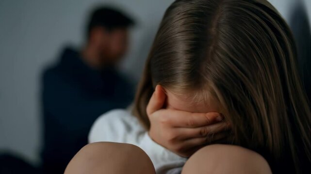 sad little girl crying with the fahther arguing