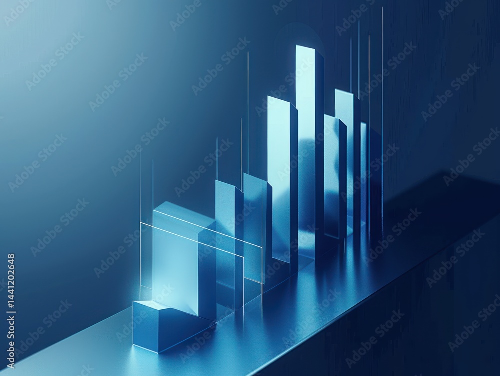 Poster abstract 3d bar graph with translucent blue vertical bars of varying heights on a reflective surface