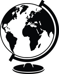 Black and white bold vector of a globe map, isolated on white background.