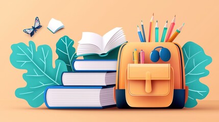 Backpack Books Pencils And Leaves Illustrate Back To School