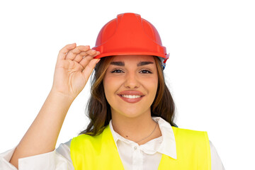 Confident female construction worker adjusting red hardhat, professional smile, transparent background