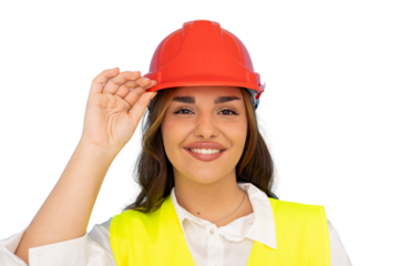 Confident female construction worker adjusting red hardhat, professional smile, transparent background