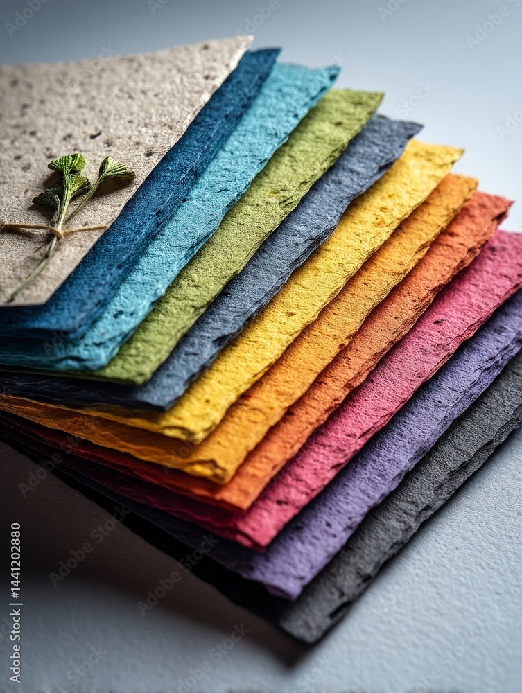 Poster colorful textured paper sheets arranged in a vibrant stack showcasing various hues and patterns.