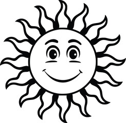 Black and white bold vector of a smiling sun, isolated on white background.
