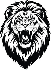 Black and white bold vector of a roaring lion, isolated on white background.