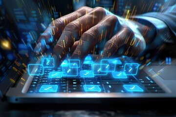 Close-up of a hand typing on a laptop keyboard with glowing holographic checkmark icons and digital binary code floating around, representing technology and data processing
