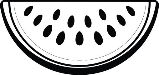 Black and white bold vector of a juicy watermelon slice, isolated on white background.