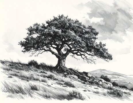 A poetic, monochrome charcoal sketch of an ancient oak tree standing alone on a windswept hill, under a brooding sky; dramatic shading