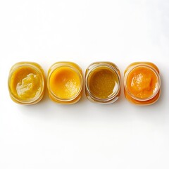 Four Open Glass Jars with Assorted Color Paste Contents on a White Background