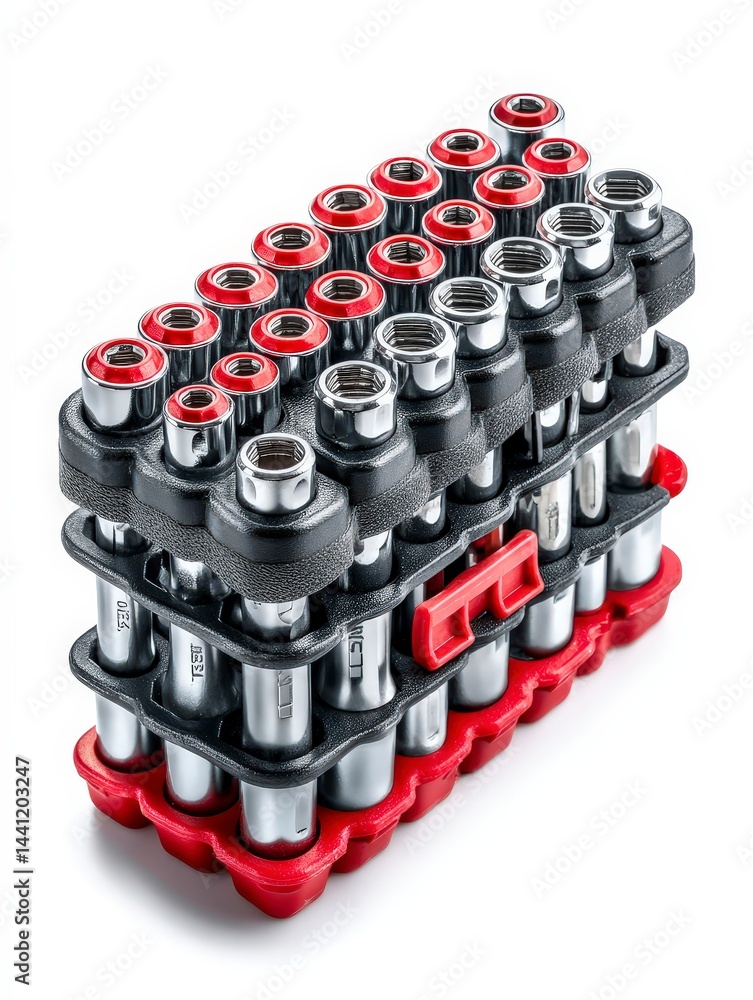 Poster set of shiny socket wrenches organized neatly in a durable case.
