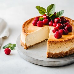 Fresh Cheesecake with Raspberries and Mint Leaves on a Light Gray Stone Plate