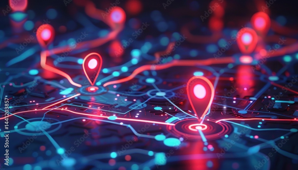 Poster glowing red location pins connected by vibrant neon blue and red lines on a dark digital network map