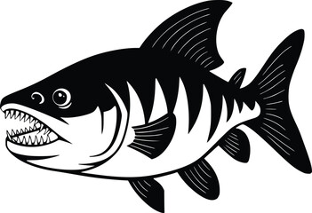 Black and white bold vector of a piranha in river, isolated on white background.