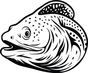 Black and white bold vector of a moray eel peeking, isolated on white background.