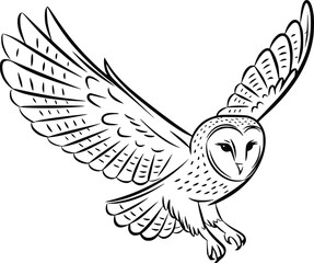 Black and white bold vector of a barn owl in flight, isolated on white background.