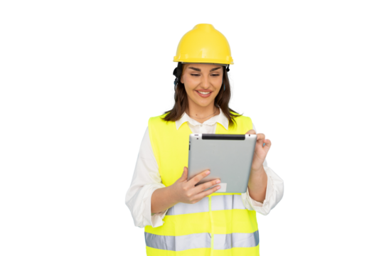 Confident female engineer wearing safety helmet and vest using digital tablet, isolated on transparent background