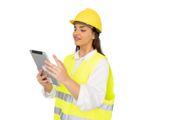 Young woman architect wearing safety helmet and vest using digital tablet on transparent background