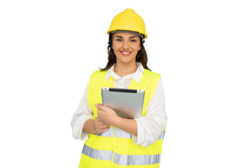 Female engineer wearing safety vest, hardhat, confidently standing with digital tablet, professional workplace attire, white background