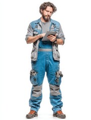 Naklejka premium Man in work attire using a tablet, showcasing a modern industrial setting.
