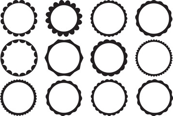 Wavy edge circle sticker. Star burst shape tags for price. Blank sale round sticker. Simple circle wax seal silhouette. Vector illustrations set isolated on white background.Set of scalloped seal roun