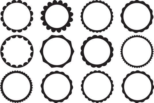 Wavy edge circle sticker. Star burst shape tags for price. Blank sale round sticker. Simple circle wax seal silhouette. Vector illustrations set isolated on white background.Set of scalloped seal roun