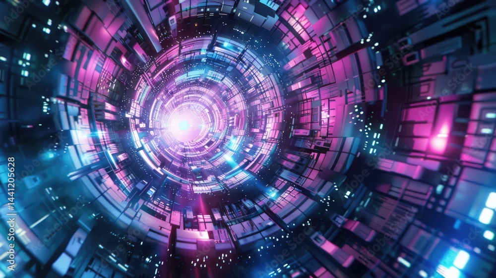 Poster abstract picture of mysterious geometric shape portal with digital style neon light glowing to leadi