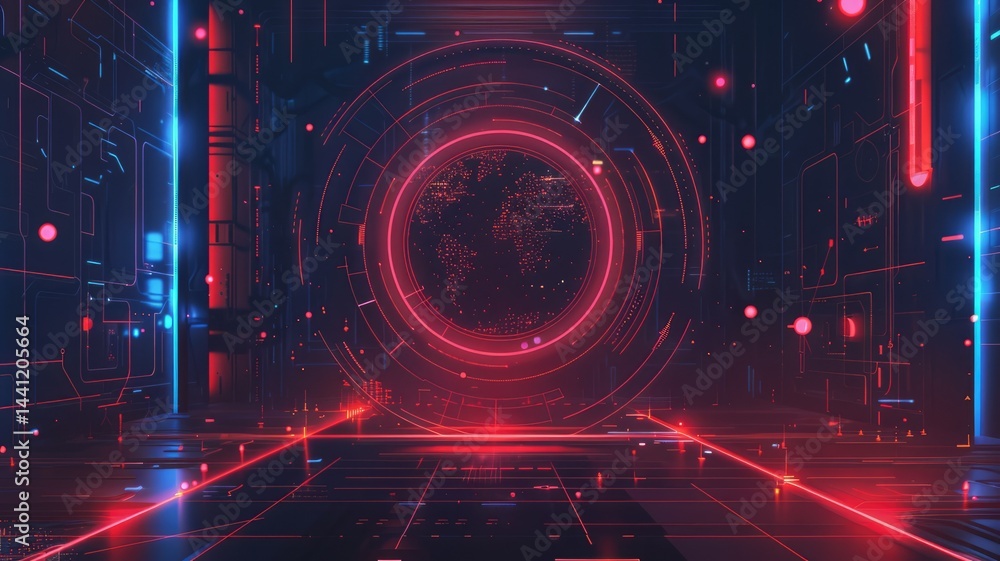 Poster a vibrant and minimalistic futuristic background featuring red neon elements and a circular design, 