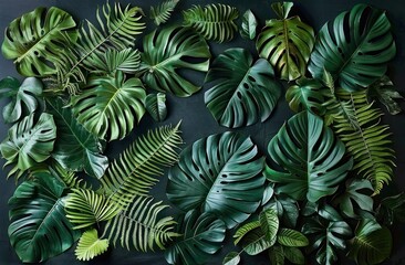 Various tropical green leaves including monstera and fern arranged on a dark surface conveying freshness and natural beauty