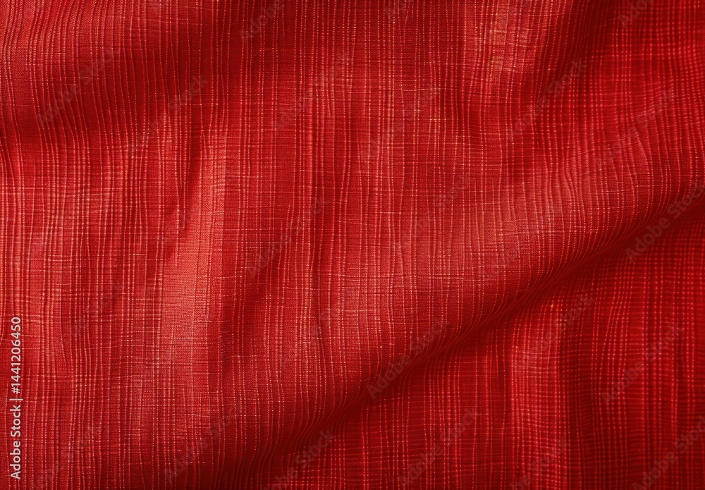 Poster close-up of vibrant red textured fabric with fine crisscross patterns and gentle folds creating a so