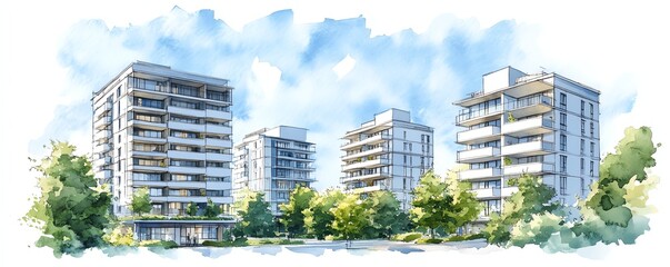 Watercolor painting of modern apartment buildings.  Luxury high rise condos.