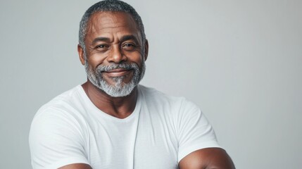 A middle-aged black man, his face etched with wisdom, exuded an air of confidence as he crossed his arms, his graying hair framing a kind smile against the pristine white backdrop of his t-shirt