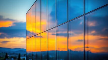 Glass reflects vibrant sunset hues on building facade