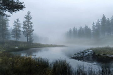 Fototapeta premium Misty lake scene in a tranquil forest.