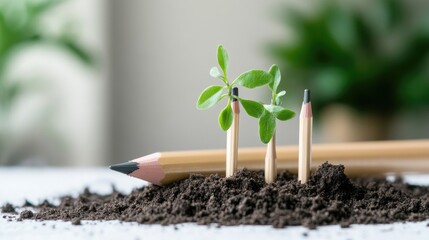 Small plants growing from pencils in soil