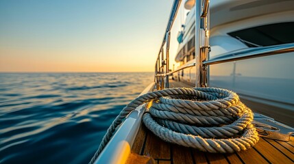 Obraz premium A close-up view of nautical rope on a luxury yacht deck at dawn.