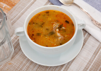 Rassolnik, russian soup made of pearl barley, pickled cucumbers and meat. Portion of soup.