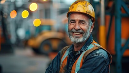 construction worker wearing a yellow hard hat and reflective orange safety vest in an industrial setting with blurred machinery and bright lights in the background