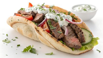 Delicious Grilled Steak Sandwich with Fresh Veggies, Creamy Sauce, and Side Dip

